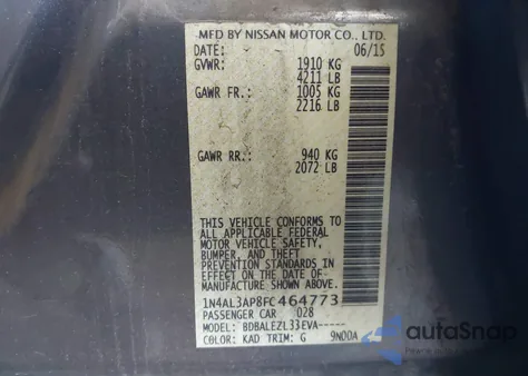 2015 Nissan Altima 2.5/2.5 S/2.5 Sl/2.5 Sv из США, поврежденный, VIN 1N4AL3AP8FC464773